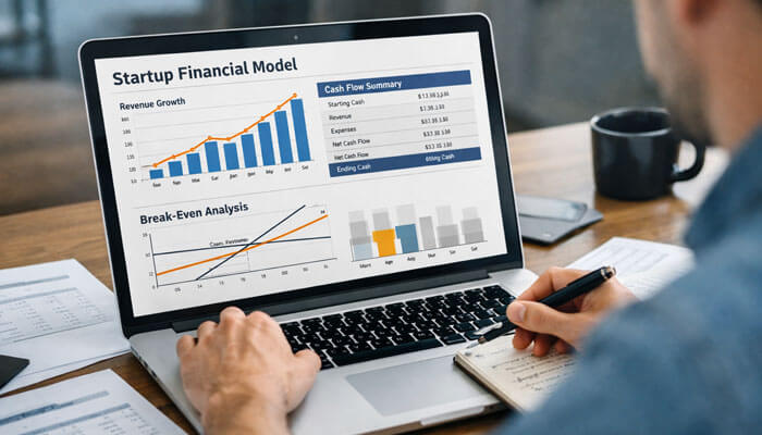 Example of a Booted Startup Financial Model - Startupeditor | Startup Editor Startup Booted Financial Modeling example with revenue charts, cash flow summary, and break-even analysis on a laptop