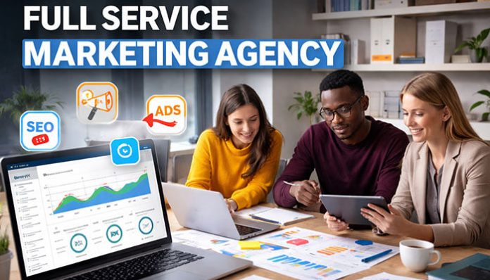 Full service marketing agency team planning digital marketing strategy with SEO, ads, and analytics dashboard.