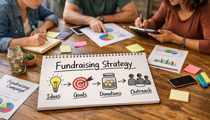 Fundraising strategy planning session showing nonprofit team discussing donor outreach, fundraising goals, and campaign ideas with charts and planning documents.