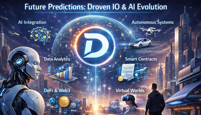 Future Predictions - Startupeditor | Startup Editor Droven IO Future of AI evolution with AI integration, data analytics, smart contracts, and virtual worlds illustration