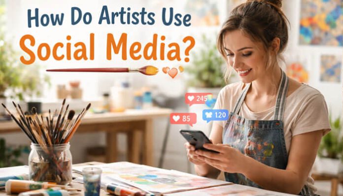 How Do Artists Use Social Media? A young artist engaging with social media on her phone, exploring how artists can connect with their audience through digital platforms