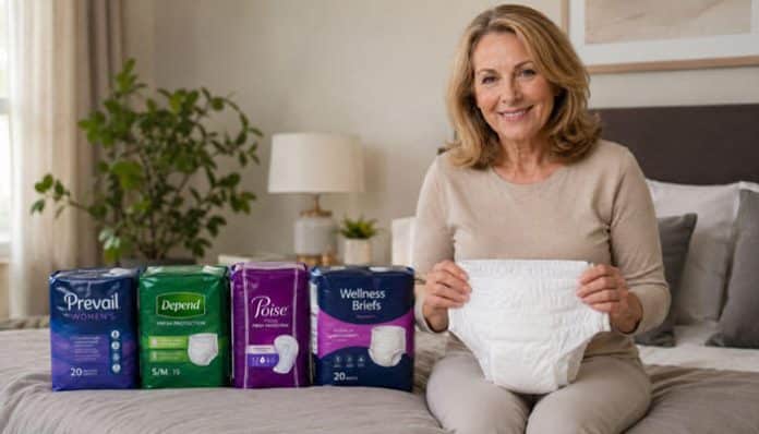 Adult Incontinence Brands comparison featuring a woman reviewing leading products including absorbent briefs and protective underwear, highlighting differences in leak protection, overnight absorbency, odor control, comfort, skin-friendly materials, fit accuracy, and women's incontinence care solutions for daily confidence and independence.