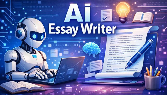 AI essay writer assisting in drafting content with a laptop and robotic features