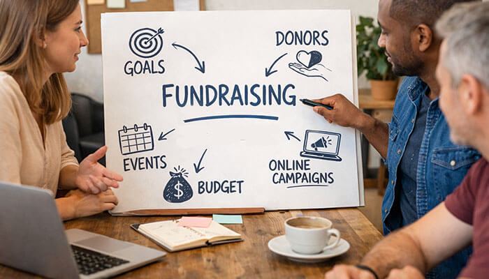 How to Create a Fundraising Plan - Startupeditor | Startup Editor Team discussing a nonprofit fundraising strategy framework including goals, donors, online campaigns, and fundraising events.