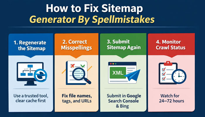 How to Fix Sitemap Generator By Spellmistakes - Stratupeditor | Startup Editor Infographic showing how to fix a Sitemap Generator Spellmistake by regenerating the sitemap, correcting file names and URLs, resubmitting the XML sitemap, and monitoring crawl status.