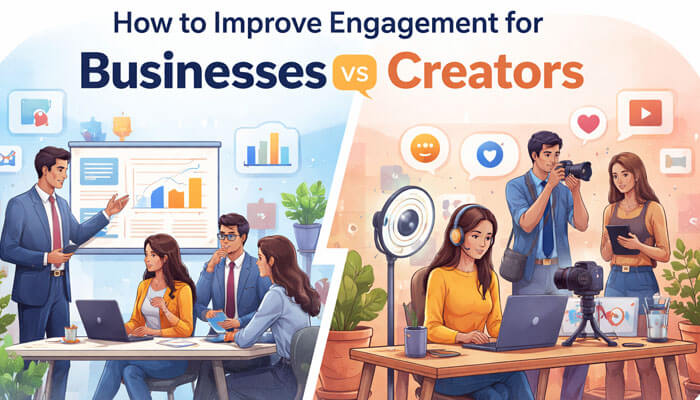 How to Improve Engagement for Businesses vs Creators - Startupeditor | Startup Editor What Is Social Media Engagement for businesses vs creators showing analytics strategy on one side and content creation on the other