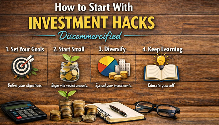 How to Start With Investment Hacks Discommercified - Startupeditor | Startup Editor How to start with Investment Hacks Discommercified including goal setting, small investments, diversification strategy, and continuous financial learning process