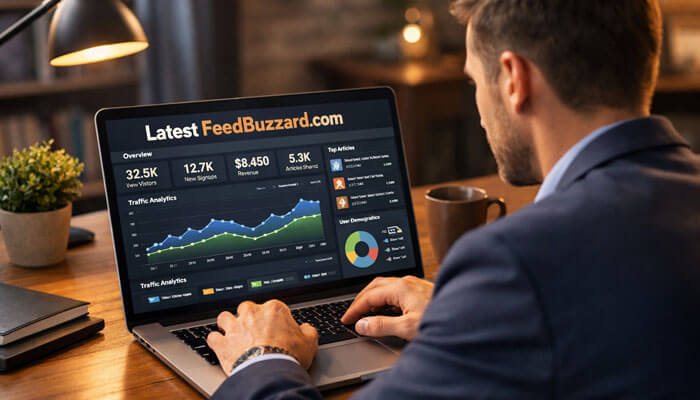 How to Use Latest Feedbuzzard com - Startupeditor | Startup Editor User analyzing Latest Feedbuzzard com traffic analytics and engagement metrics on laptop in modern workspace