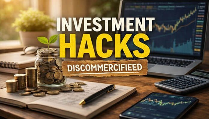 Investment Hacks Discommercified concept showing digital trading dashboard, financial data charts, and modern self-directed investing tools with coins and analytics setup