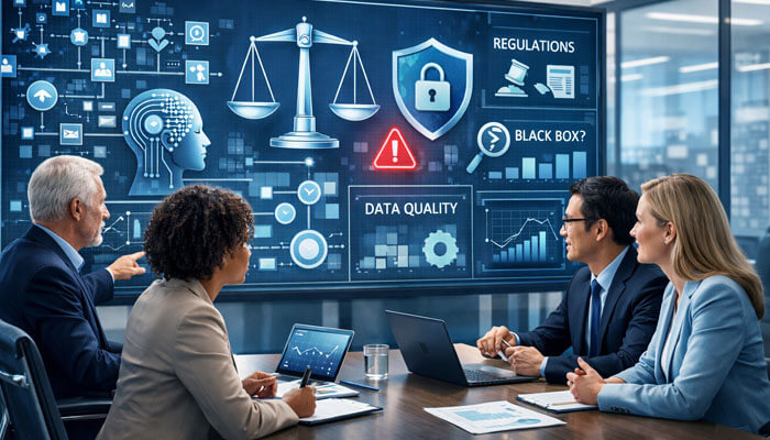 Key Governance Challenges in AI Transformation - Startupeditor | Startup Editor AI Transformation Is a Problem of Governance visual showing business leaders analyzing AI risks, data quality, regulations, and governance frameworks in a corporate meeting