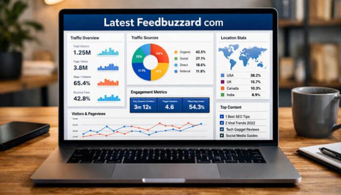 Latest Feedbuzzard com dashboard analytics on laptop showing traffic data, engagement metrics, and performance insights