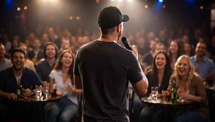 Live Comedy Performances Tours - Startupeditor | Startup Editor Comedian Damon Darling performing on stage in a lively comedy club, engaging a laughing audience, highlighting his rise and popularity, tied to Damon Darling Net Worth.