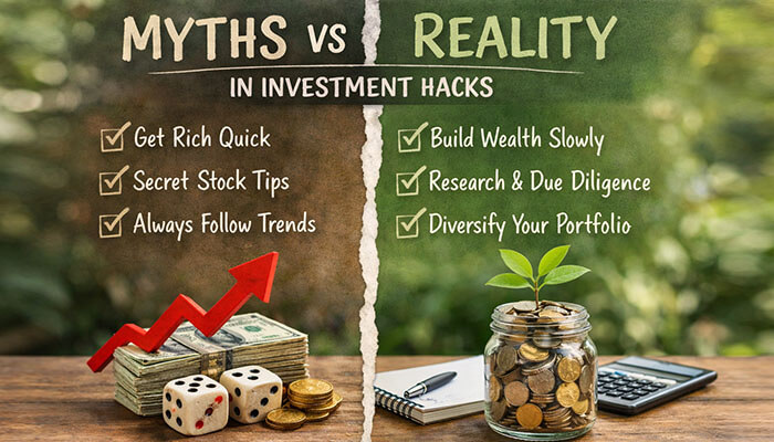 Myths vs Reality in Investment Hacks Discommercified - Startupeditor 1 | Startup Editor Investment Hacks Discommercified myths vs reality comparison showing difference between get rich quick mindset and disciplined long-term investing approach