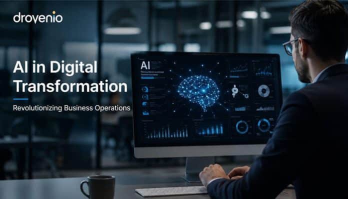 Professional office environment showing a business analyst working on an advanced AI-powered dashboard displaying neural network visualization, data analytics, and performance metrics, representing drovenio ai in digital transformation as a strategic technology framework that enhances business operations, drives intelligent decision-making, and accelerates enterprise-level digital transformation through artificial intelligence, predictive analytics, and data-driven insights.