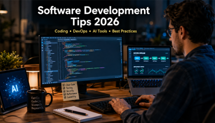Developer working on multiple screens with code, DevOps dashboards, and AI tools, illustrating key drovenio Software Development Tips for modern coding, software engineering, and cloud-native development in 2026.
