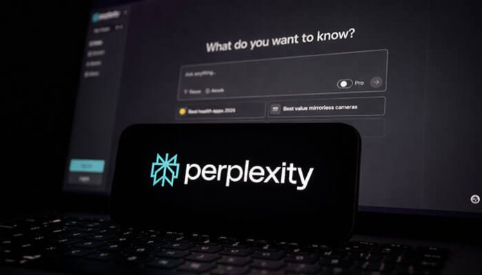 Perplexity AI interface displayed on a laptop screen showing search and research tools that support Perplexity AI image generation capabilities for creating visuals from text prompts.