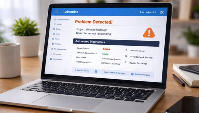 Problem on llekomiss software showing error alert on laptop screen in modern workspace