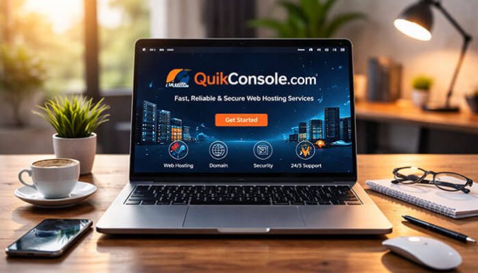 Quikconsole com dashboard interface showing real-time analytics and business data reporting tools on a laptop workspace