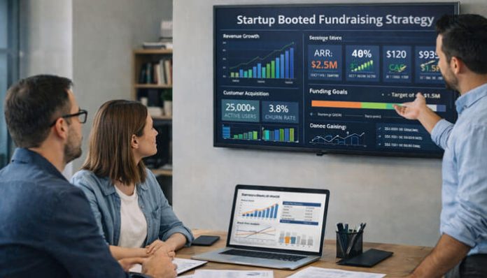 Startup Booted Fundraising Strategy meeting showing a startup team reviewing revenue growth, funding goals, and customer metrics