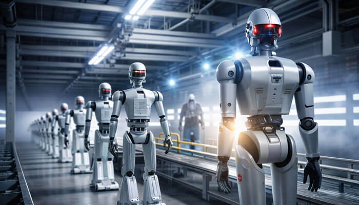 Robotics and Autonomous Systems - Startupeditor | Startup Editor Humanoid robots working in smart factory representing Droven IO Future Technology USA automation trends