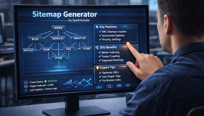 Sitemap Generator Spellmistake SEO optimization infographic explaining XML sitemap submission, URL formatting, and crawl efficiency tips