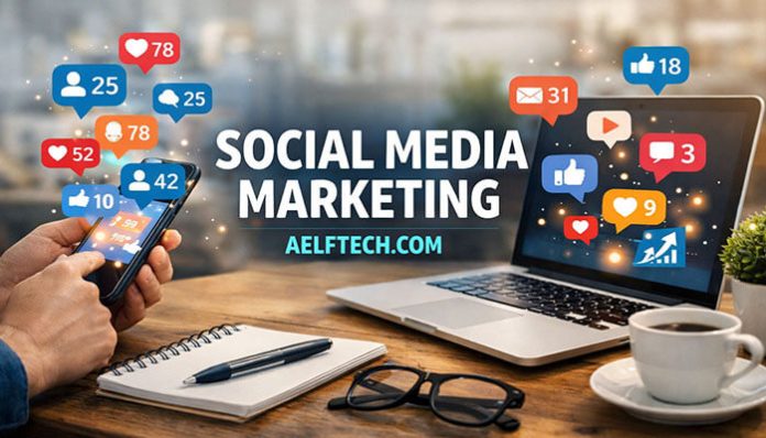 Social Media Marketing Aelftech Com strategy showing social media engagement, analytics dashboard, and digital marketing performance tools