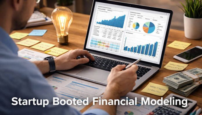 Startup Booted Financial Modeling where an entrepreneur works on financial data and a business plan