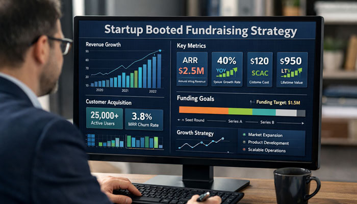 Startup Booted Financial Modeling - Startupeditor | Startup Editor Startup Booted Fundraising Strategy dashboard displaying revenue growth, customer acquisition, and key business metrics on a screen