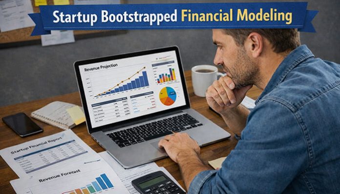 Startup Bootstrapped Financial Modeling example showing an entrepreneur analyzing revenue projections, startup financial reports, and growth charts on a laptop.