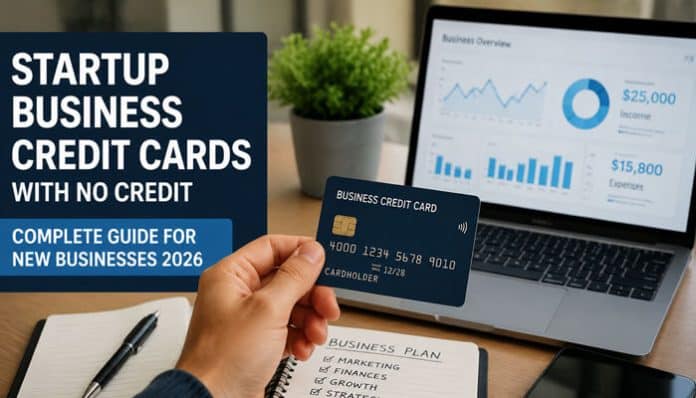 Startup Business Credit Cards With No Credit featured guide image showing a modern workspace where an entrepreneur holds a business credit card in front of a laptop dashboard with financial analytics, illustrating how new startups can access credit lines without prior credit history using cash-flow-based underwriting, fintech lending models, and alternative approval systems in 2026.