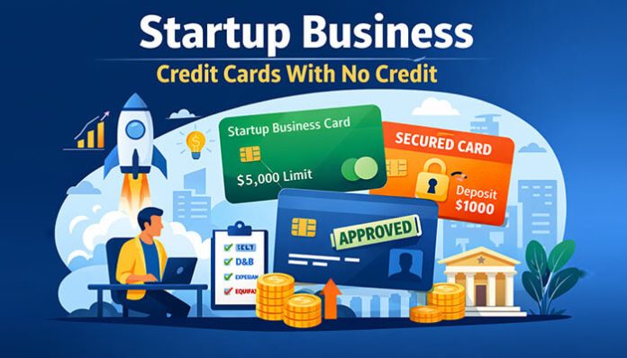 Startup Business Credit Cards With No Credit illustration showing startup funding approval, secured card deposit, and $5,000 credit limit for new businesses