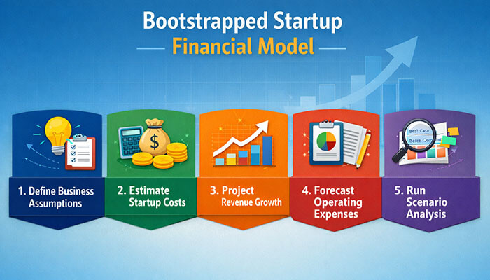 Steps to Build a Bootstrapped Startup Financial Model - Startupeditor | Startup Editor Startup Bootstrapped Financial Modeling process infographic showing business assumptions, startup cost estimation, revenue growth projections, operating expense forecasting, and scenario analysis.