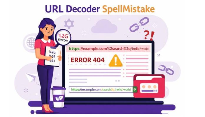 URL Decoder SpellMistake example showing encoded URL error, 404 issue, and corrected decoded URL for SEO optimization
