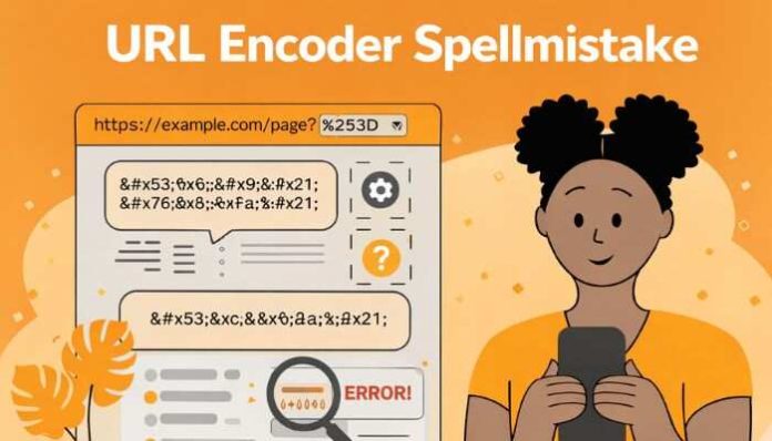 URL Encoder Spellmistake illustration showing encoding errors, broken URL structure, and debugging interface on a web screen