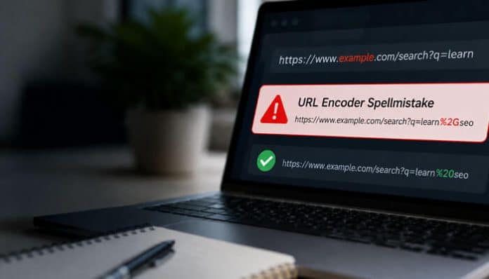 Laptop screen shows a red alert 'URL Encoder Spellmistake' and a green checkmark line for a correct URL, illustrating URL encoding errors in SEO.