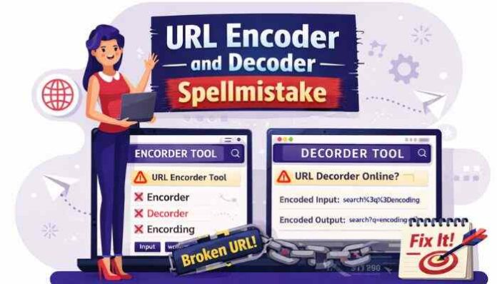 Illustration showing URL encoder and decoder spellmistake with encoding errors, broken URLs, and incorrect spellings like encorder and decorder
