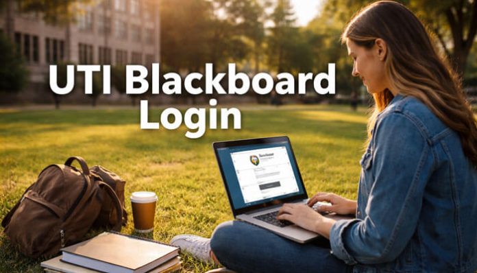 UTI Blackboard Login access on laptop by student studying online outdoors