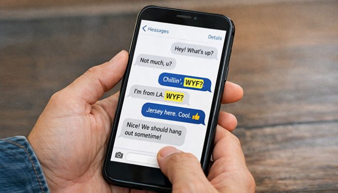 A smartphone displaying a text conversation with the abbreviation WYF, answering the question What Does WYF Mean in Text? in casual messaging.