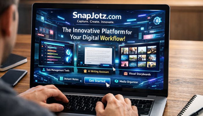 Illustration explaining what is Snapjotz com, showing the platform dashboard used for idea management and digital content workflow