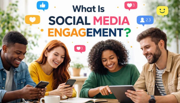 What Is Social Media Engagement explained through real users interacting on smartphones with likes, comments, and shares in a social setting
