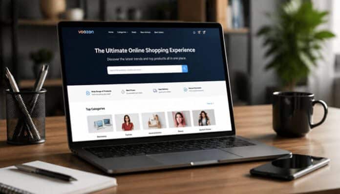 Modern laptop displaying the Voozon.com online shopping platform homepage, showcasing a digital marketplace interface with a central product search bar, categorized shopping sections, and featured product tiles, highlighting a streamlined eCommerce experience designed for product discovery, fast navigation, and user-friendly online retail browsing.