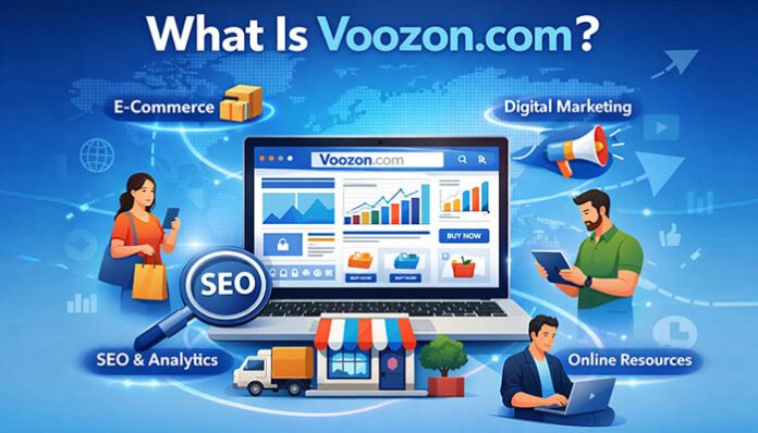 Voozon.com digital marketing platform showcasing e-commerce, SEO analytics, and online resources with people using mobile devices and interacting with a laptop.