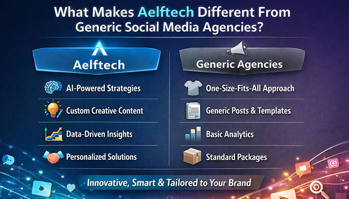 What Makes Aelftech Different From Generic Social Media Agencies - Startupeditor | Startup Editor Social Media Marketing Aelftech Com comparison between Aelftech and generic social media agencies with AI strategies and data-driven insights