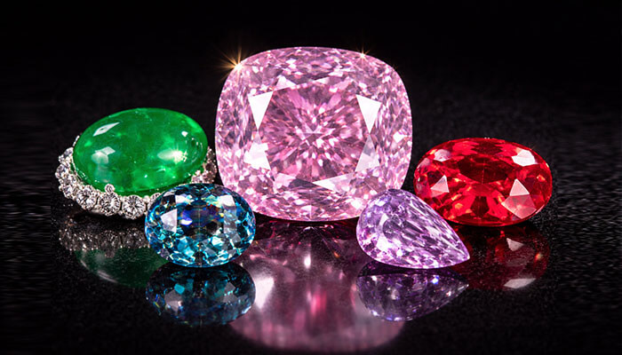 What Makes a Gemstone Worth Millions - Startupeditor | Startup Editor The most expensive gemstone is highlighted in this image, featuring a stunning set of colorful gems including a pink diamond, ruby, emerald, and sapphire.
