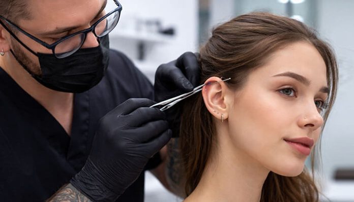 Professional piercer performing ear piercing explaining what is a lobotomy piercing