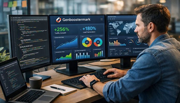 Why Genboostermark software is so popular showing a user analyzing real-time analytics and performance dashboard