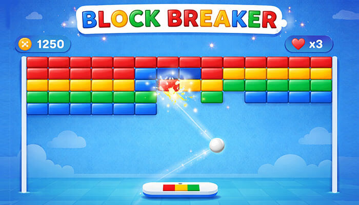 Why Googles Block Breaker Became So Popular - Startupeditor | Startup Editor Google Block Breaker gameplay showing colorful brick blocks, bouncing ball, and paddle in a classic browser brick breaker game.