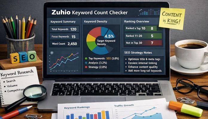 Zuhio Keyword Count Checker dashboard showing keyword analysis, density score, and SEO insights on a laptop workspace