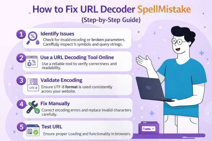 How to Fix URL Decoder SpellMistake – Step-by-Step SEO Guide How to fix URL Decoder SpellMistake step-by-step guide showing URL decoding error identification, UTF-8 validation, and SEO optimization process