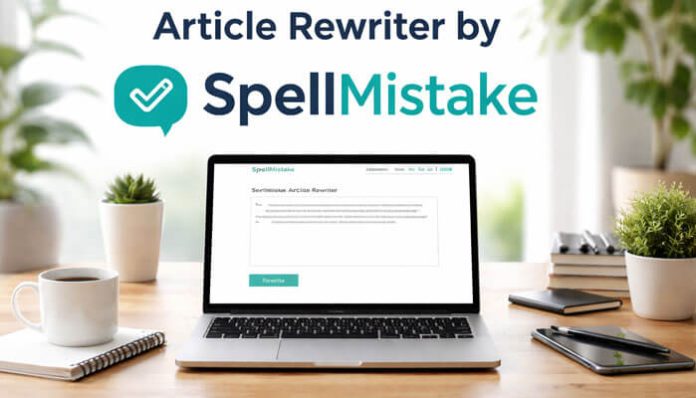 Article Rewriter by SpellMistake shown on a laptop screen in a clean workspace setting